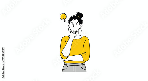 A thoughtful woman with a question mark, pondering a solution.