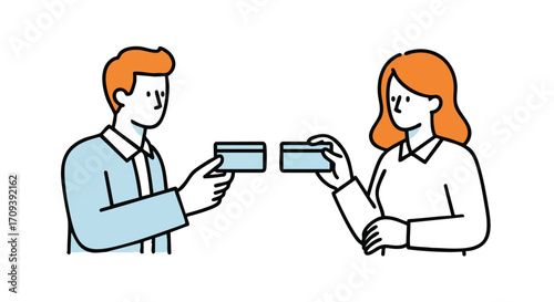 Two stylized figures exchanging business cards, illustrating a professional interaction.