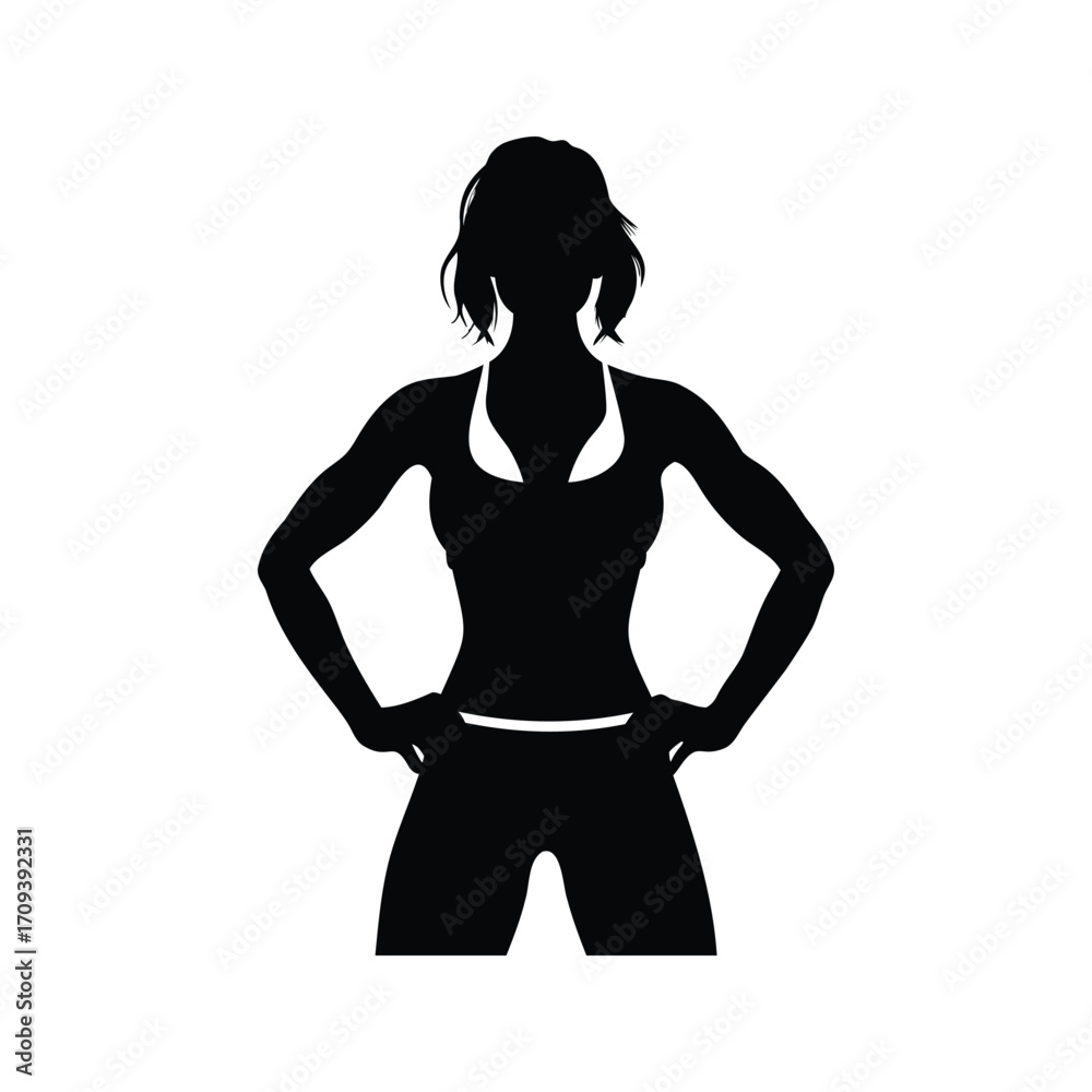 Fototapeta premium Silhouette of a fit woman in sportswear with hands on hips, fitness woman silhouette vector illustration