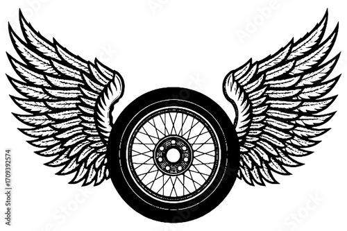 Winged Motorcycle Wheel Vintage Emblem Vector Illustration