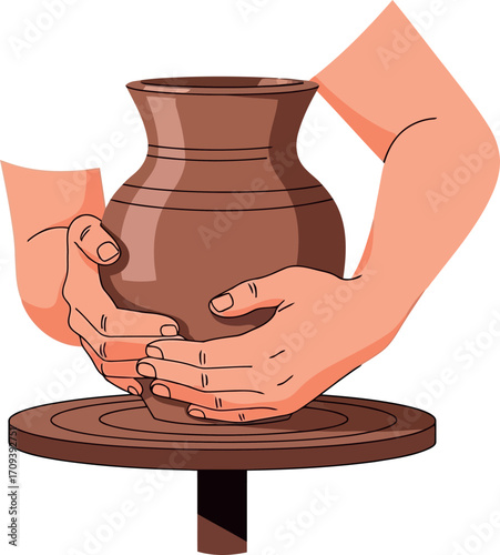 Artisan hands shaping clay pot on potter's wheel crafting ceramic masterpiece creative hobby vector