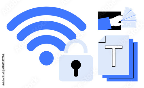 wireless signal, lock icon, documents, and hand holding cash represent online security, privacy, data protection, and digital transactions. Ideal for technology, cybercrime finance privacy