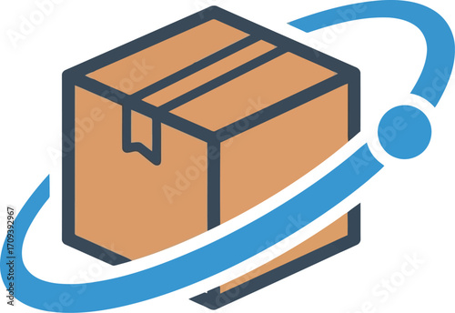 Global delivery box orbiting earth logistics e-commerce shipping concept vector