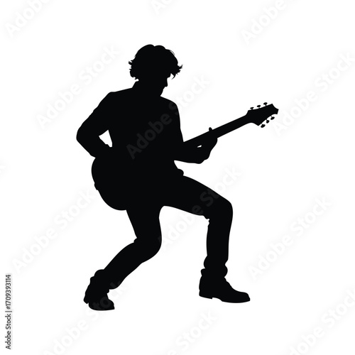 Silhouette of a guitarist playing an electric guitar with rock star attitude, guitarist playing in studio silhouette vector illustration