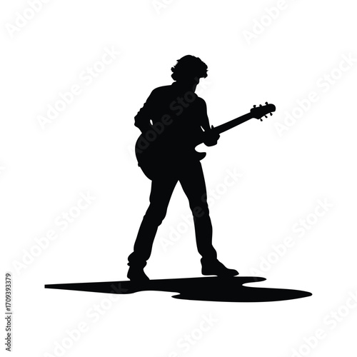 A Silhouette of a Rock Star Performing on a Stage with Guitar, guitarist playing on street silhouette vector illustration