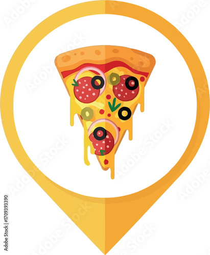 Delicious pepperoni pizza slice location pin icon delicious italian food discovery symbol vector