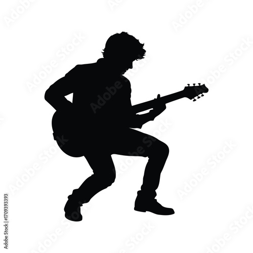 Passionate Musician Silhouette of a Guitarist Performing Live with Energetic Flair, guitarist playing in studio silhouette vector illustration