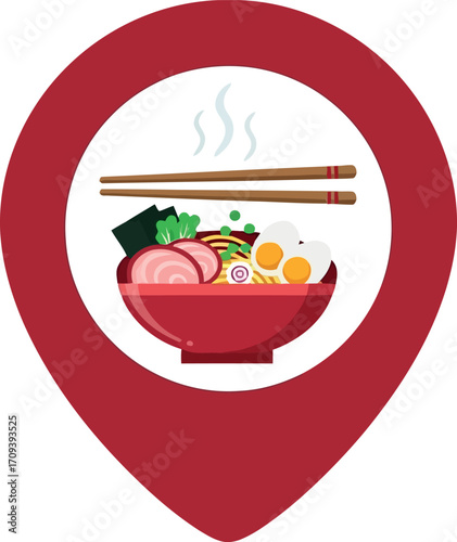 Delicious ramen bowl icon with chopsticks on red location pin marker vector art vector