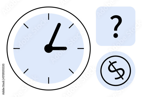 Minimalist clock face, question mark, and dollar sign emphasizing decision-making, time value, productivity. Ideal for business strategy, financial planning, prioritization, deadlines efficiency