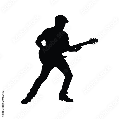 Silhouette of a guitarist passionately playing his electric guitar against a white background, guitarist with guitar solo silhouette vector illustration