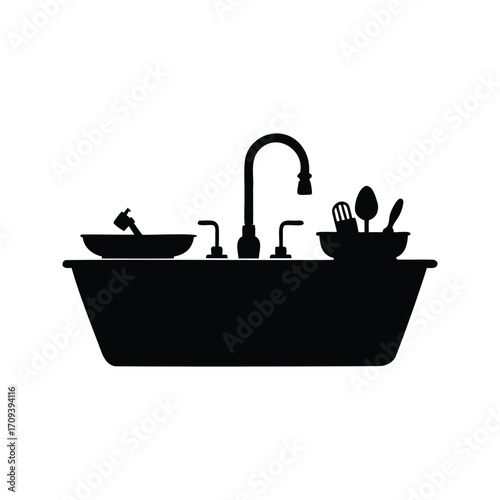 Silhouette of a Kitchen Sink Full of Dishes Ready for Washing, kitchen sink with dishes silhouette vector illustration