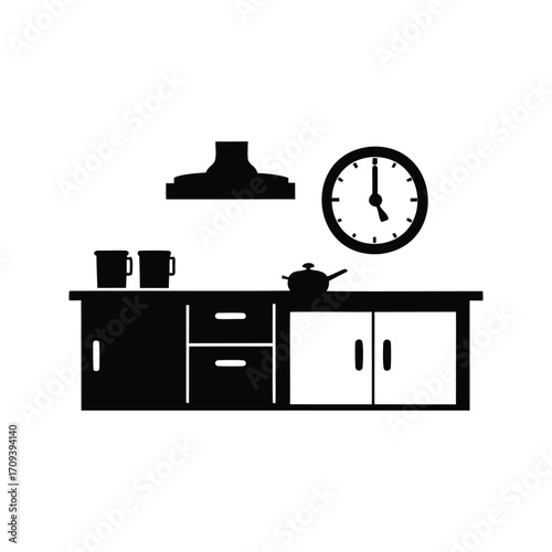 Silhouette of a kitchen scene with a clock and cooking elements, kitchen clock silhouette vector illustration