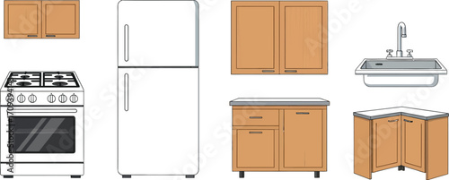 Kitchen appliances and cabinetry including a refrigerator stove sink and cabinets in a cartoon style perfect for interior design mockups and architectural visualizations