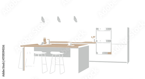 Modern kitchen interior design featuring a central island with bar stools and pendant lights creating a bright and minimalist space for cooking and entertaining