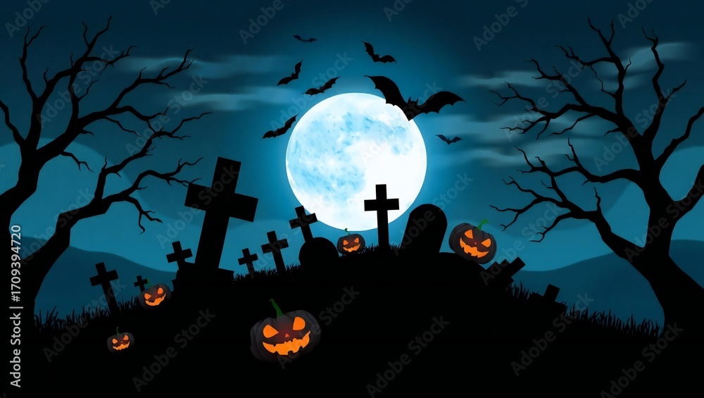 Fototapeta premium Spooky halloween graveyard scene with full moon and pumpkins