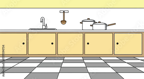 Kitchen illustration featuring a sink cabinets cooking pots and a checkered floor creating a clean and simple design for culinary or home decor projects and presentations