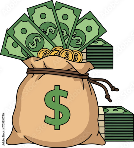 Money bag filled with cash and coins symbolizing wealth financial success and abundance vector
