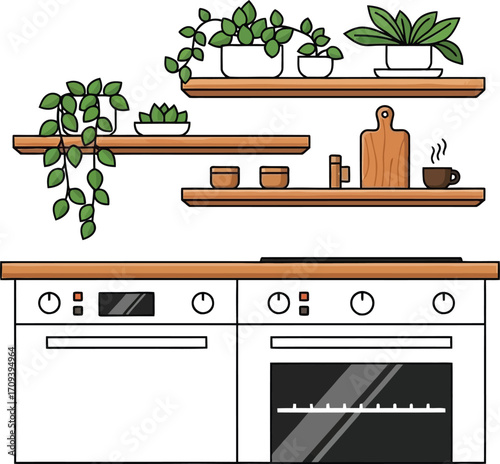 Minimalist kitchen illustration with oven shelves plants and cooking utensils creating a cozy and modern home environment perfect for lifestyle content