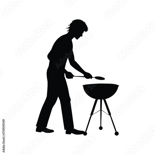 Silhouette of a man grilling on a barbecue grill, outdoor cooking, person grilling food silhouette vector illustration
