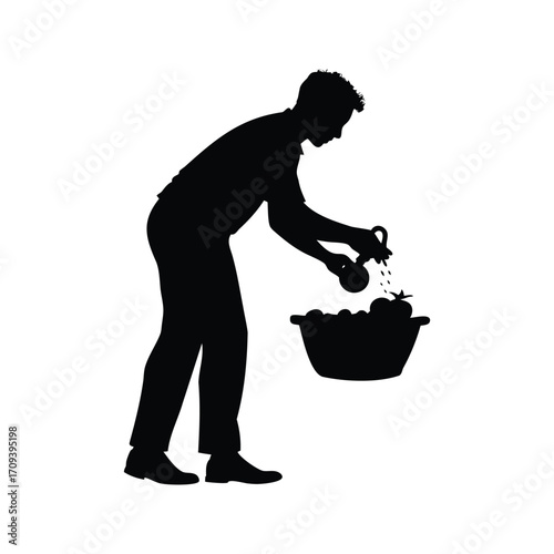 Silhouette of a man washing tomatoes in a basket with a jar, person rinsing fruits silhouette vector illustration