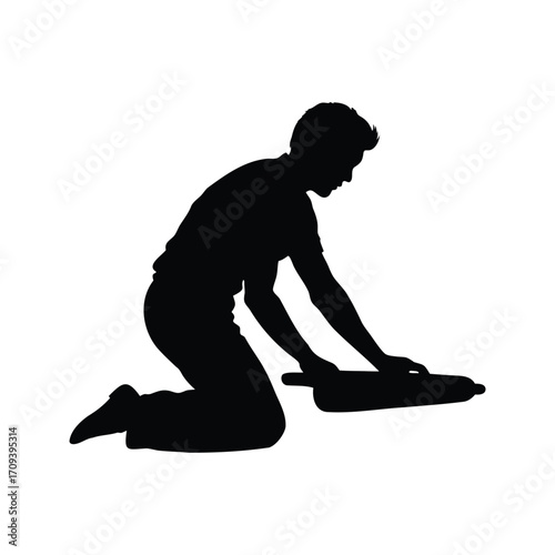 Silhouette of a person kneeling and using a rolling pin, baking concept, person rolling dough silhouette vector illustration