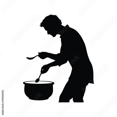 Silhouette of a man cooking with a spoon and a bowl on white, person stirring soup silhouette vector illustration