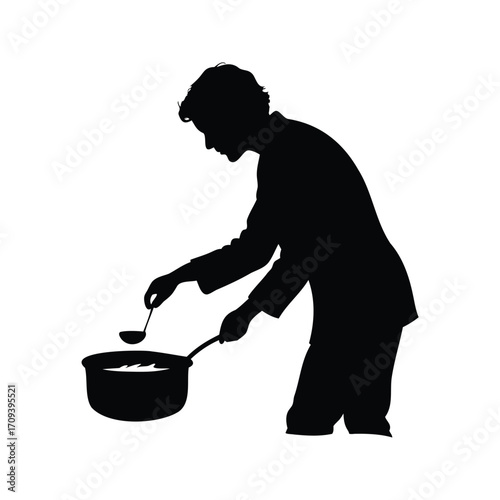 Silhouette of a man cooking with a pot and ladle on white background, person stirring soup silhouette vector illustration
