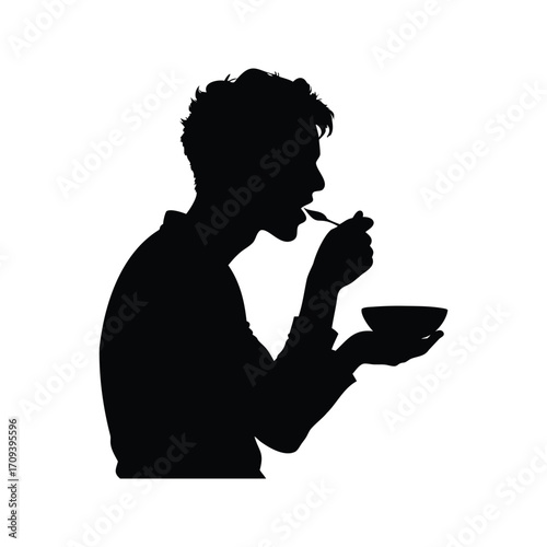 Silhouette of a man eating from a bowl with a spoon sideways profile view, person tasting food silhouette vector illustration