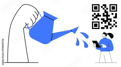 Watering can pours on growing ideas, QR code suggests innovation, woman analyses data on tablet. Ideal for technology, growth, marketing, business, analysis, innovation simple landing page
