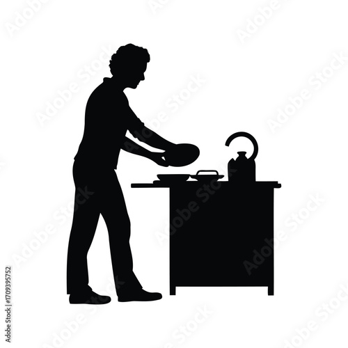 Silhouette of a person washing dishes near the stove and kettle, person washing dishes silhouette vector illustration