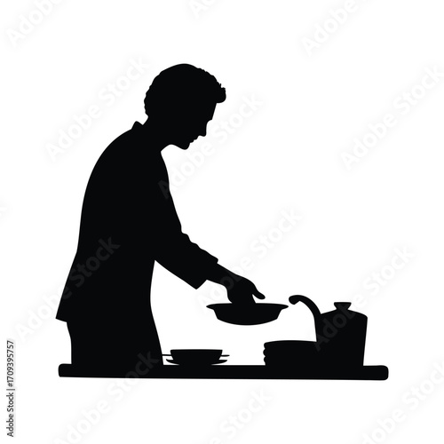 Silhouette of a person pouring liquid into a container on a table, person washing dishessilhouette vector illustration