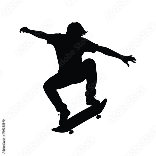 Silhouette of skateboarder performing an aerial trick with arms extended for balance, skateboarder performing flip trick silhouette vector illustration