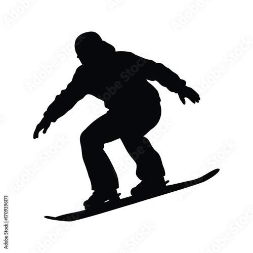 Black and white silhouette of a snowboarder gliding down the mountain, snowboarder carving downhill silhouette vector illustration