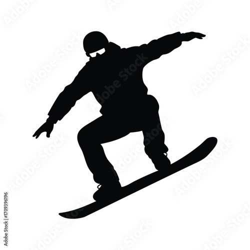 Silhouette of a snowboarder performing a trick on a white background space, snowboarder doing trick silhouette vector illustration