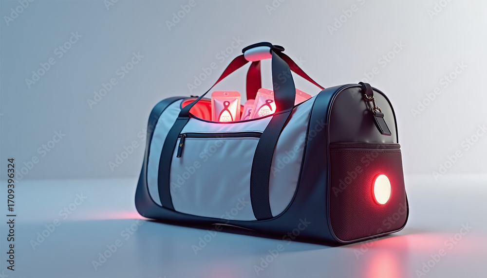 Obraz premium Stylish sports bag with illuminated protein bars inside on a minimalistic background