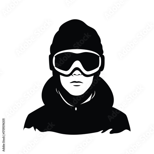 Stylized vector image of a person wearing winter sportswear and goggles, snowboarder with goggles silhouette vector illustration