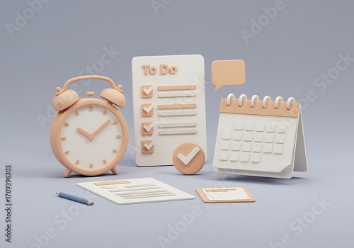 3D rendering of time management elements including a calendar a clock and a to do list illustrating productivity and organization