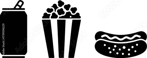 Classic movie theater snacks: a soda can, popcorn, and a hot dog.