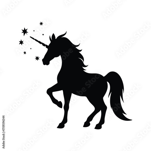 Elegant black silhouette of a unicorn rearing amidst a constellation of stars, unicorn blowing sparkles silhouette vector illustration