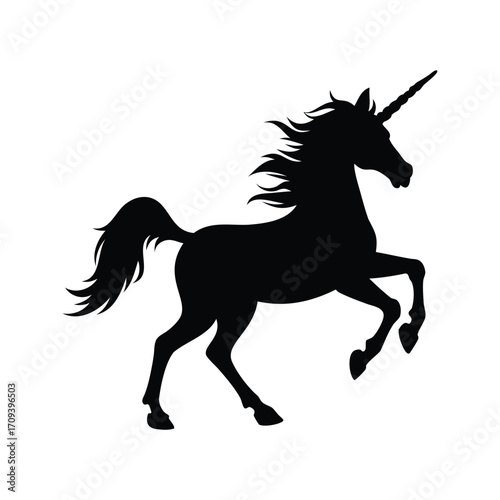 Silhouette of a majestic unicorn rearing up on its hind legs, unicorn galloping silhouette vector illustration