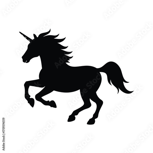 Majestic unicorn silhouette rearing up, a symbol of magic and purity., unicorn galloping silhouette vector illustration