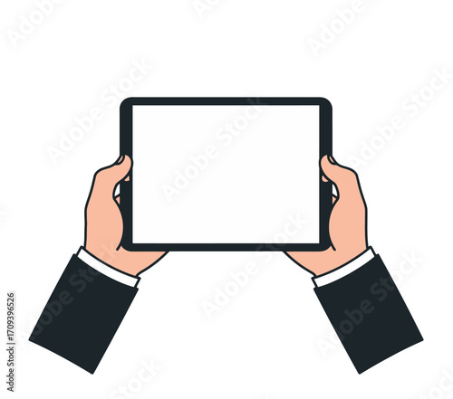 Hand holding a tablet with a blank screen