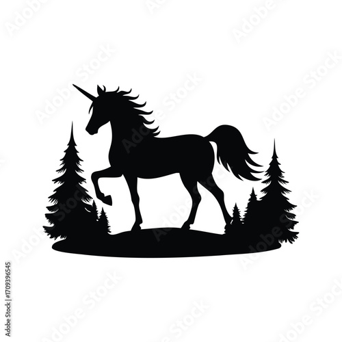 Silhouette of a unicorn standing in a forest clearing with trees, unicorn in a magical forest silhouette vector illustration