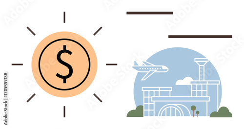 Large dollar coin with radiating lines beside an airport terminal and airplane flying. Ideal for finance, travel economy, global mobility, transportation cost, budgeting, tourism, business growth