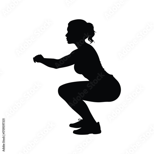 Silhouette of a woman doing a deep squat exercise on white background, woman doing squats silhouette vector illustration