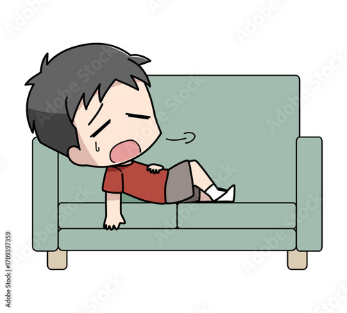 疲れてソファに横になる男子のイラスト