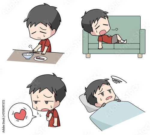 うつ病の身体的症状のイラスト4種類セット・男子