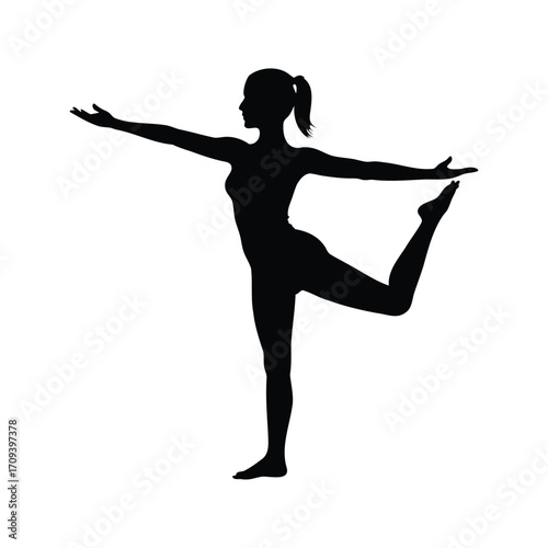 Silhouette of a woman practicing yoga, performing the Dancer Pose with balance, woman doing yoga pose silhouette vector illustration