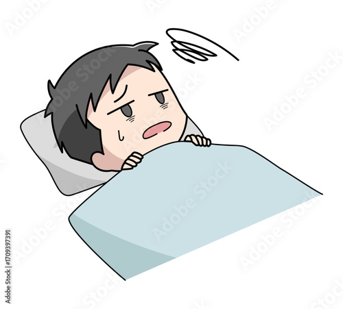 布団に入っても眠れない男子のイラスト
