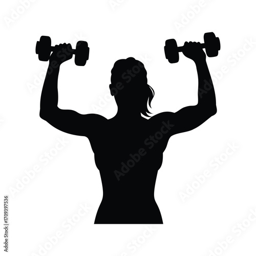 Silhouette of a strong woman lifting dumbbells, showcasing her muscular physique, woman lifting dumbbells silhouette vector illustration